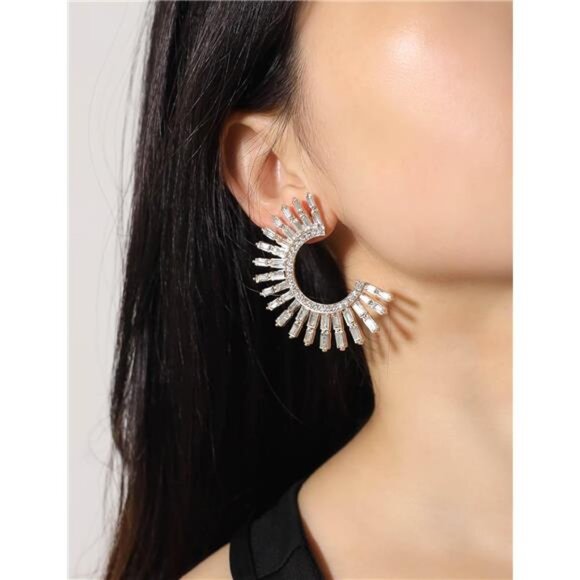 14K Gold Plated Open-Hoop Semicircle Rhinestone Earrings - Picture 3 of 5